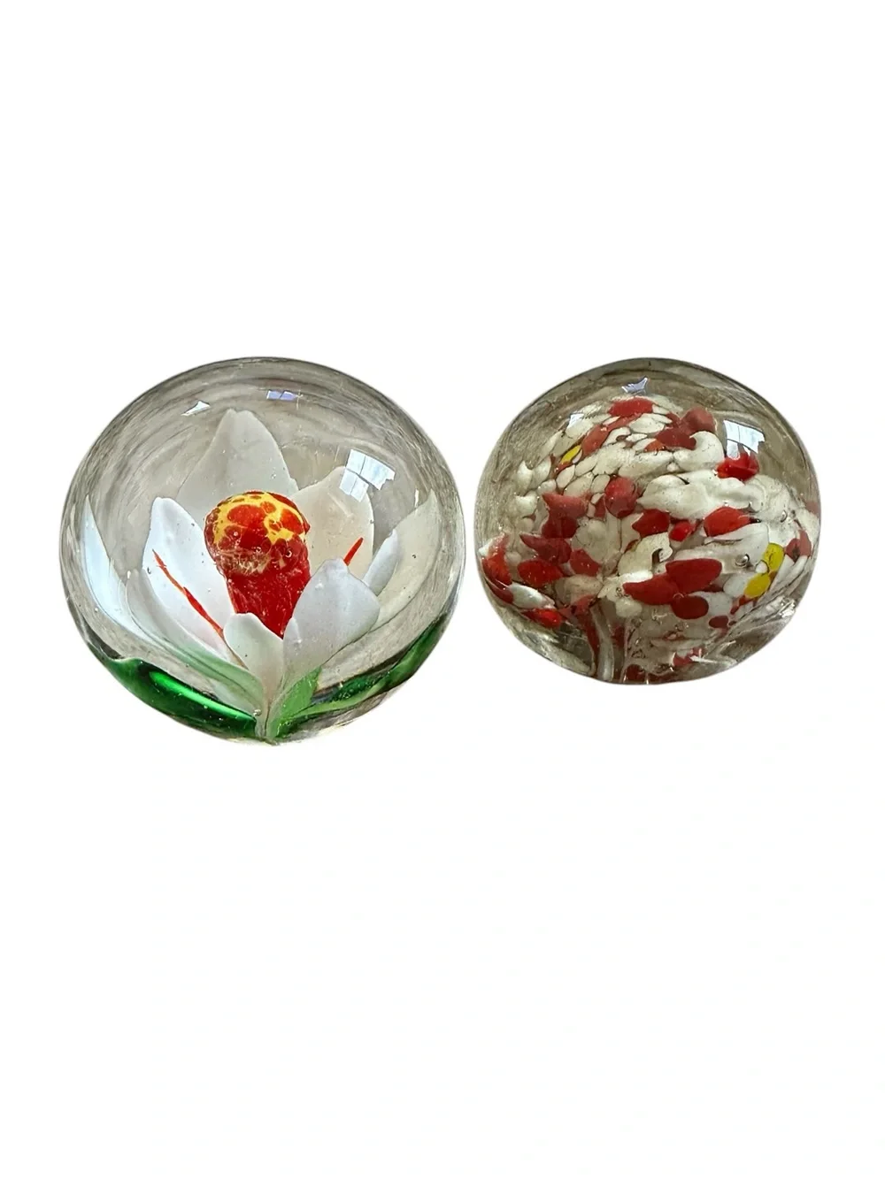 Vintage Hand Blown Glass Paperweights Coral Reef Bubbles & Magnolia Spheres (2)